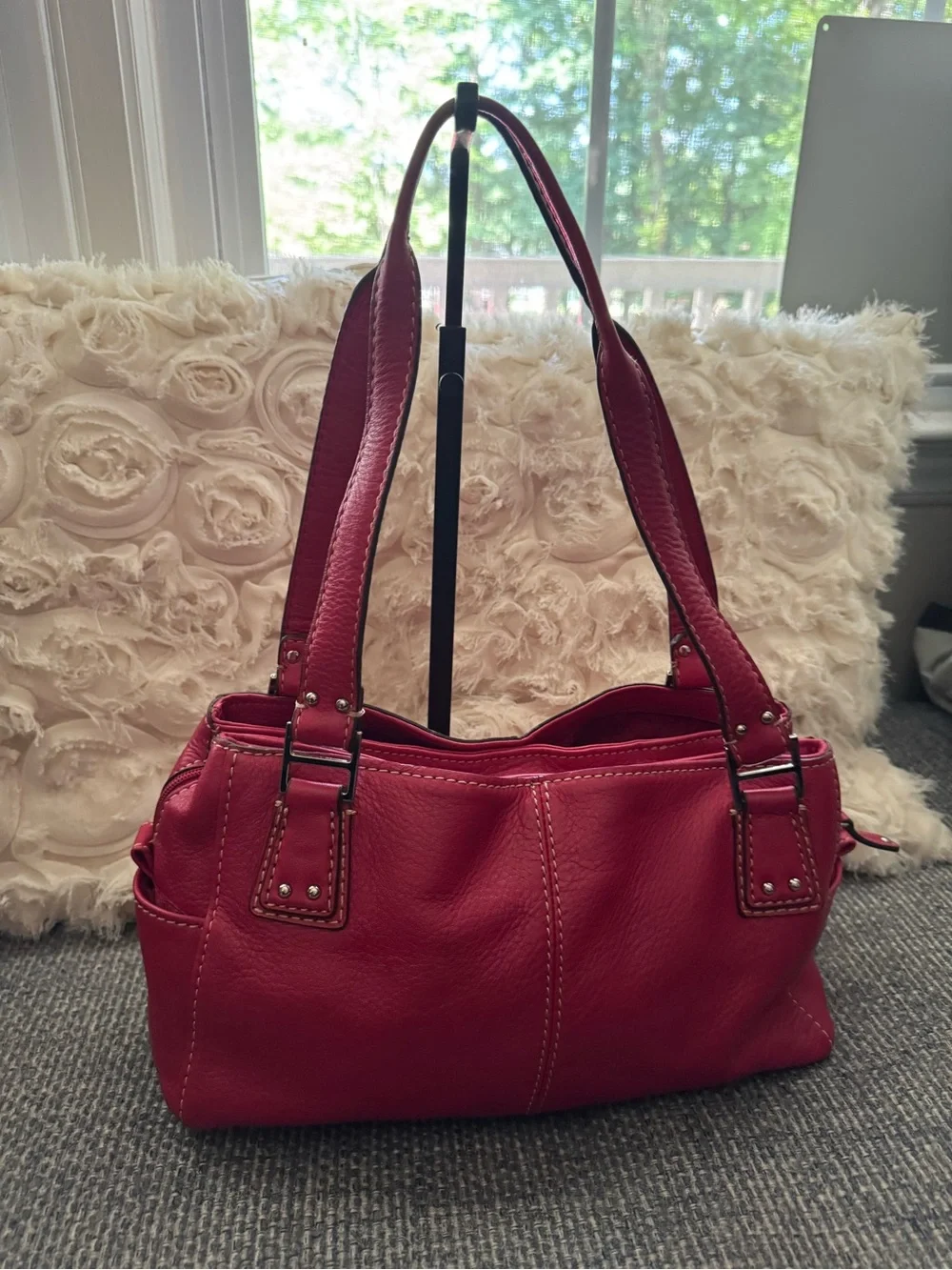 Fossil Red Leather Shoulder Bag / Satchel – Double Handle – Silver Hardware